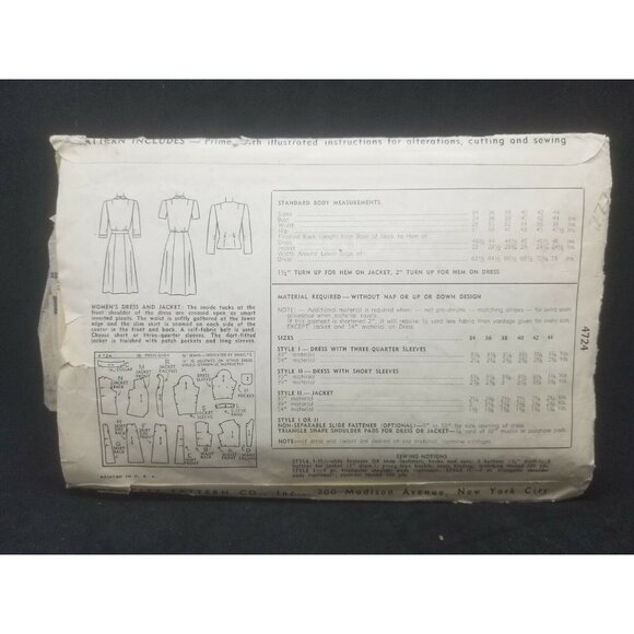 HTF 1943 Simplicity Sewing Pattern #4724 WWII Era Dress Jacket Size 16 Misses - Picture 3 of 3